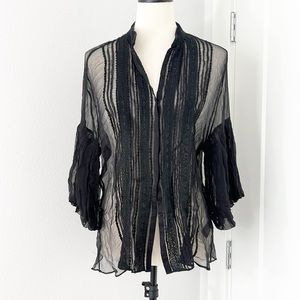 Chaudry KC Medium Black Sheer Button Down Bell Sleeve Blouse